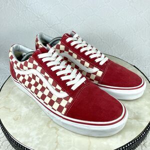 Vans Old School Sneakers Mens 12 Red White Suede Canvas Checkerboard Skate Shoes